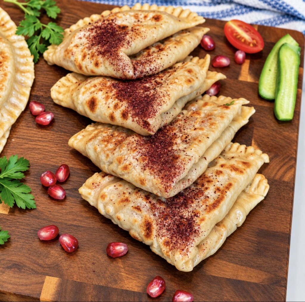 Meat-Stuffed Flatbread (Azerbaijani Qutab) served on a wooden board with sumac and yoghurt