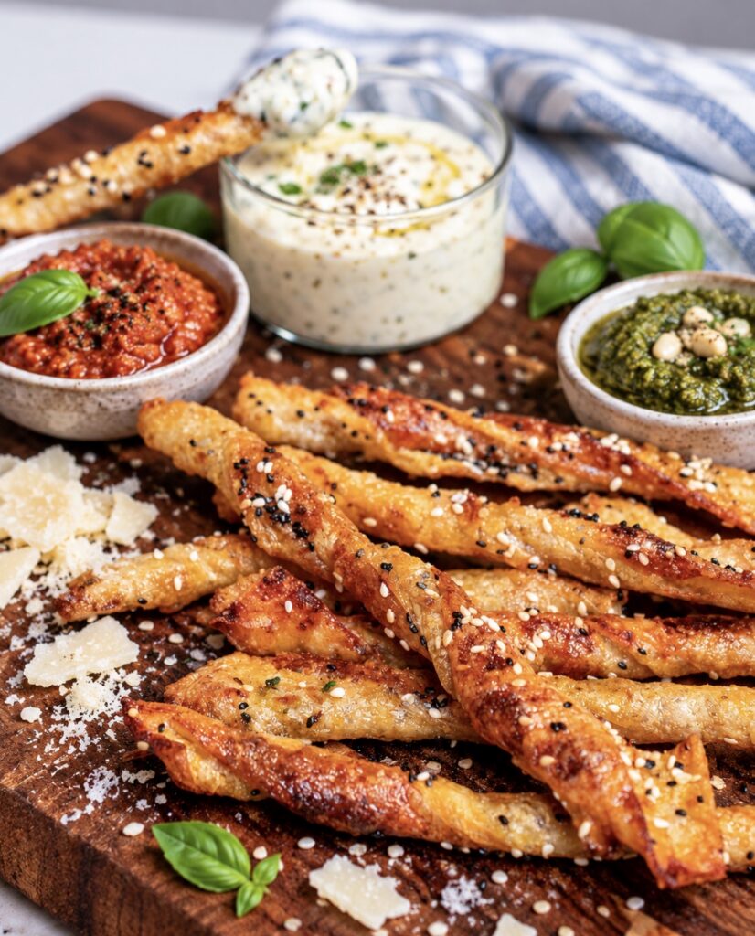 Pesto Parmesan Rice Paper Twists served on a wooden board with dipping sauce