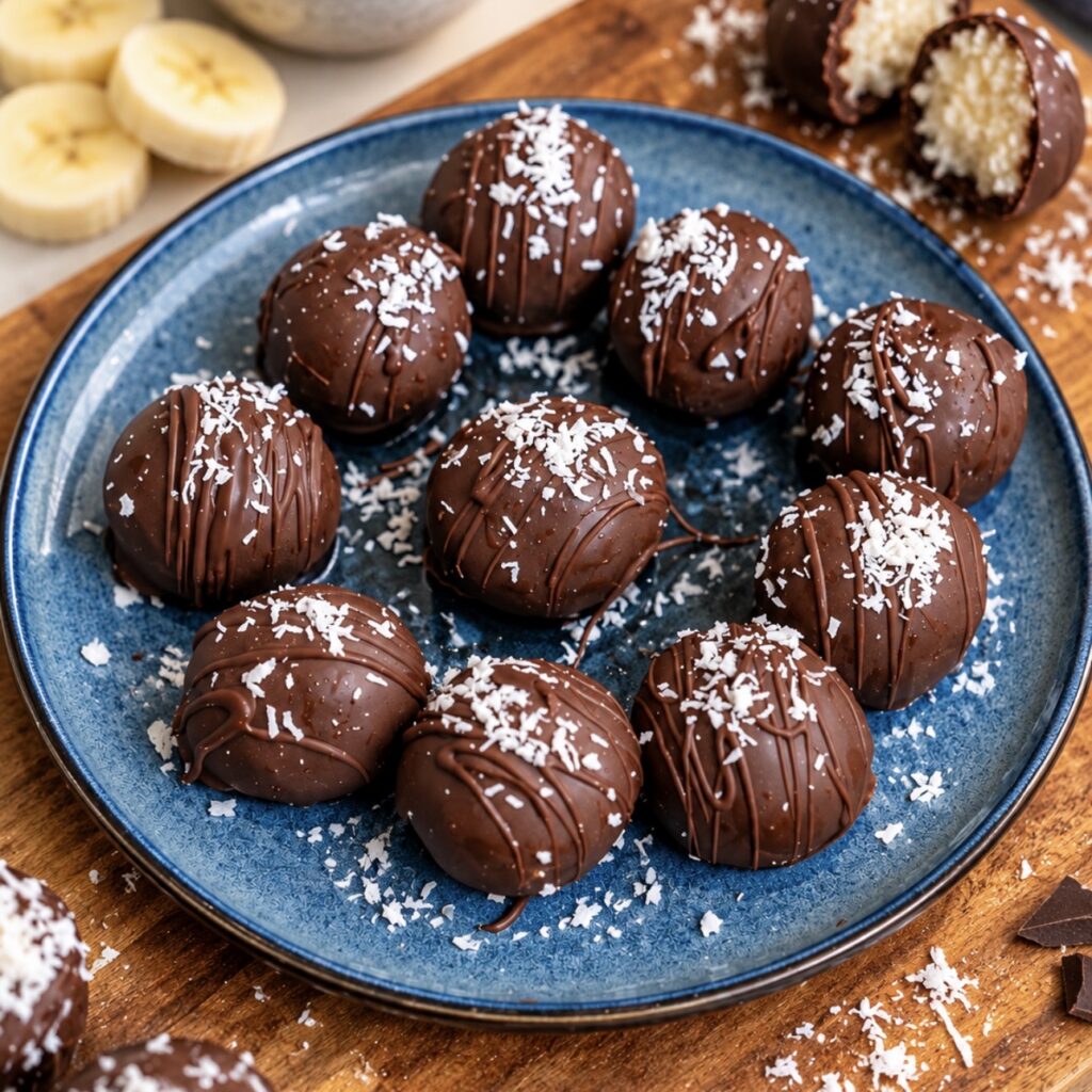 Banana Coconut Truffles served on a plate with chocolate drizzle and desiccated coconut