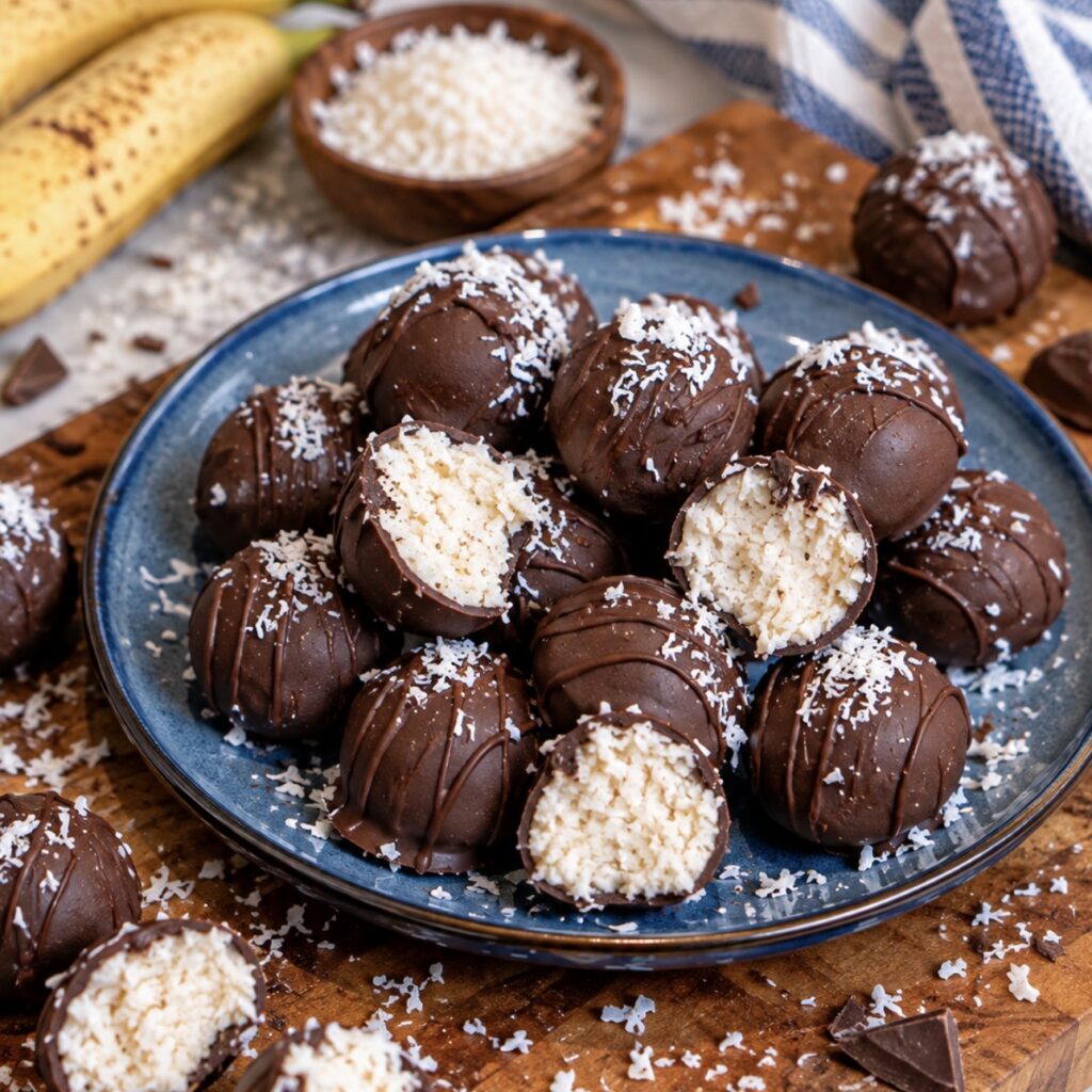 Banana Coconut Truffles served on a plate with some cut in half to show the creamy centre