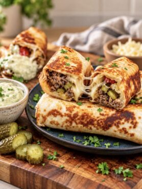 Golden, crispy Cheeseburger Tortilla Rolls served on a plate, with one cut in half to reveal the juicy beef filling and melted cheese.