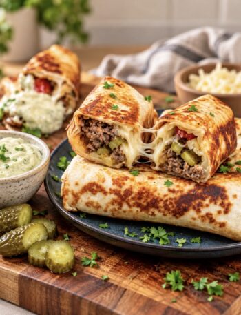 Golden, crispy Cheeseburger Tortilla Rolls served on a plate, with one cut in half to reveal the juicy beef filling and melted cheese.