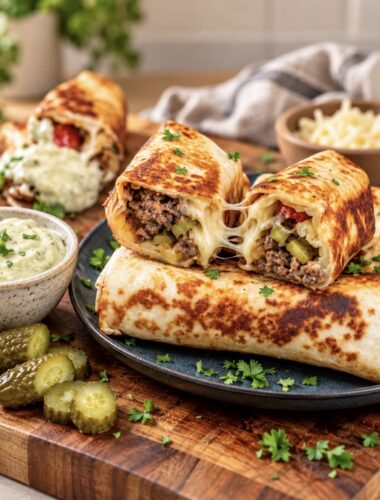 Golden, crispy Cheeseburger Tortilla Rolls served on a plate, with one cut in half to reveal the juicy beef filling and melted cheese.