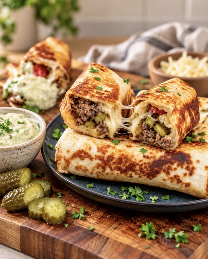 Golden, crispy Cheeseburger Tortilla Rolls served on a plate, with one cut in half to reveal the juicy beef filling and melted cheese.