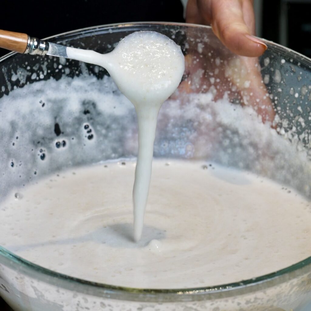 Showing the thick, light and airy consistency of the whipped pear mixture for Pear Cloud Cubes with Cinnamon Filling.