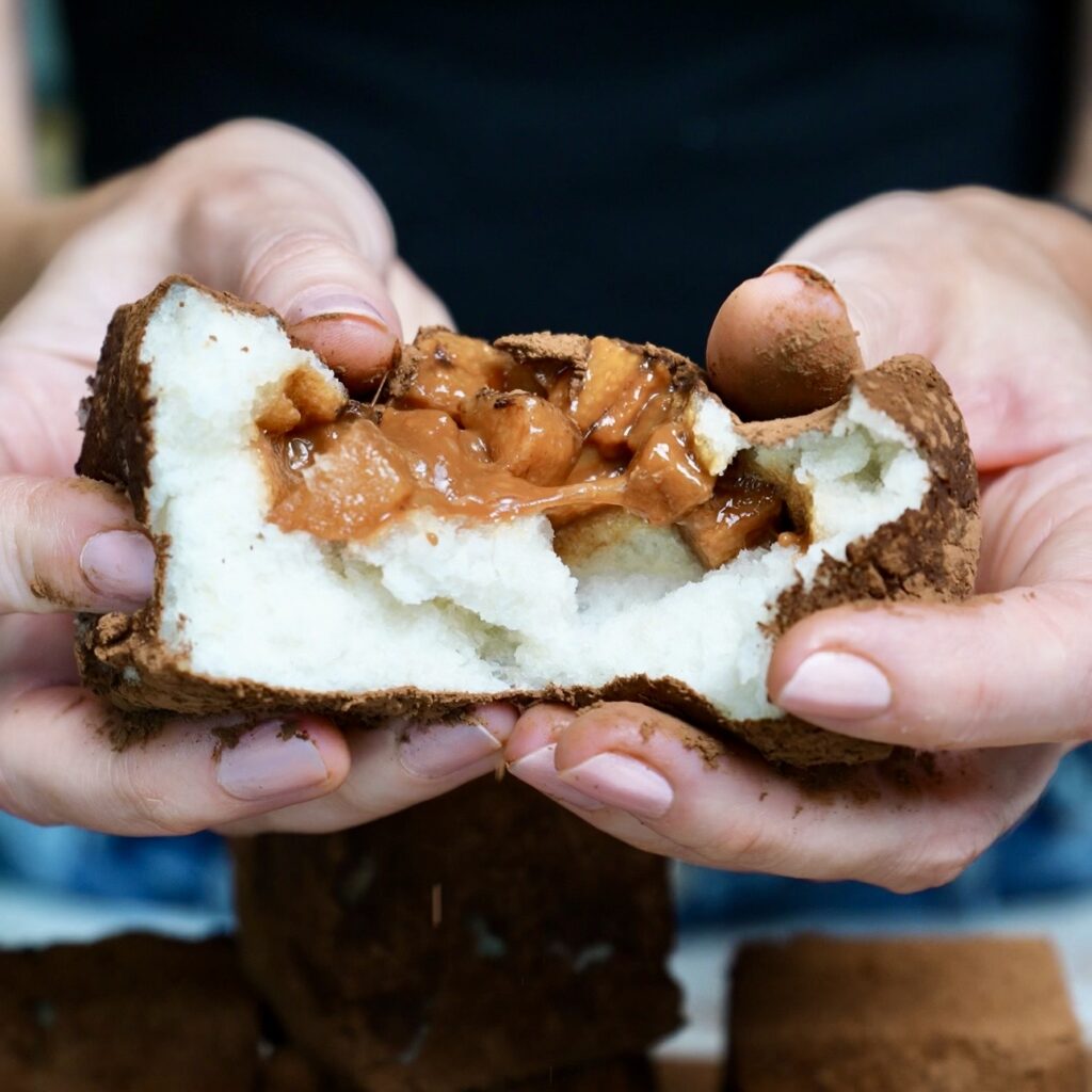 Tearing apart a cocoa-dusted Pear Cloud Cube to reveal its fluffy, marshmallow-like texture and cinnamon-spiced pear filling.