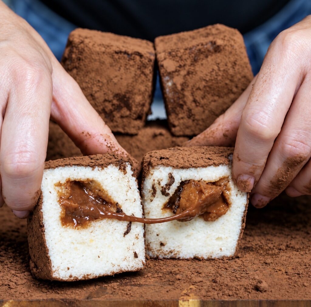 A Pear Cloud Cube cut in half and gently opened by hand, revealing its fluffy interior and cinnamon-spiced pear filling.