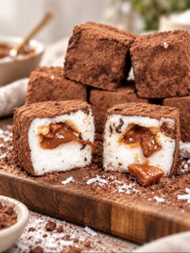 Cocoa-dusted Pear Cloud Cubes with Cinnamon Filling served on a wooden board, showcasing the fluffy no-bake dessert.