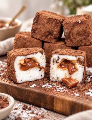 Cocoa-dusted Pear Cloud Cubes with Cinnamon Filling served on a wooden board, showcasing the fluffy no-bake dessert.