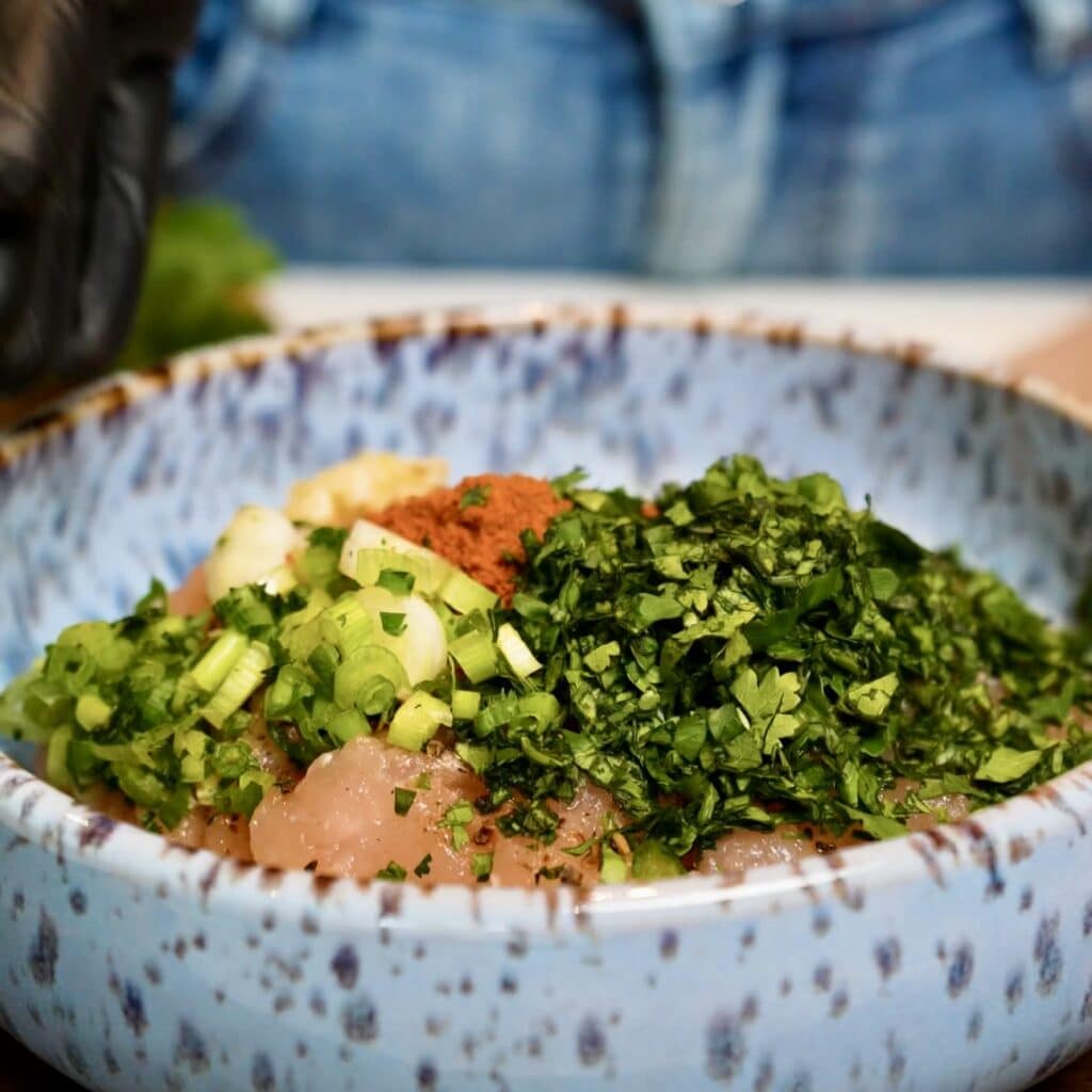 Raw chicken mince in a mixing bowl with garlic, spring onion, fresh coriander, paprika and ground coriander, ready to be mixed.
