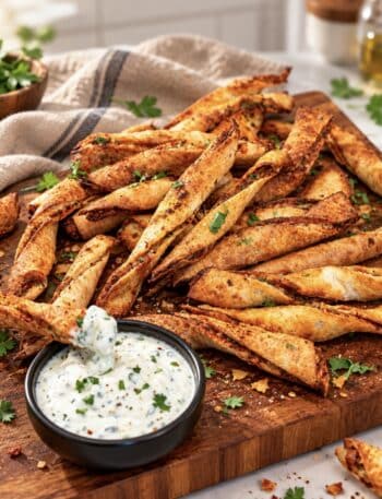 Crispy chicken tortilla twists served on a wooden board with a bowl of garlic yoghurt dip.