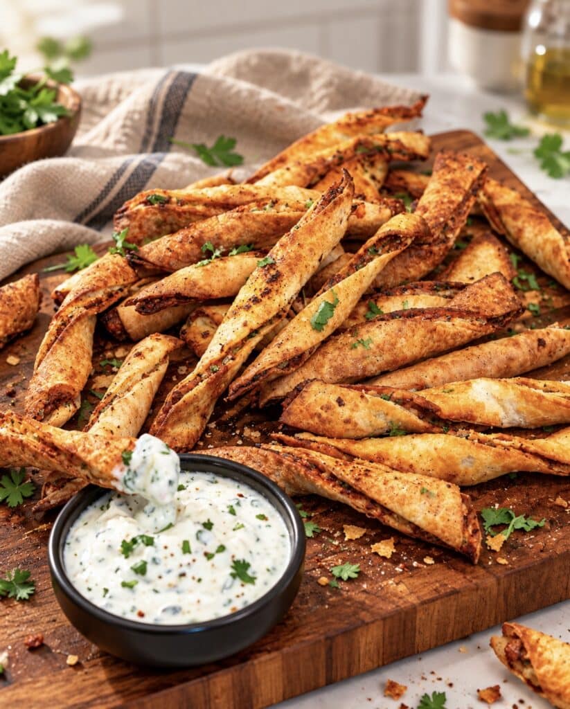 Crispy chicken tortilla twists served on a wooden board with a bowl of garlic yoghurt dip.
