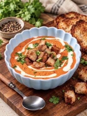 Creamy soup in a bowl with croutons, crusty bread, double cream and chopped coriander.