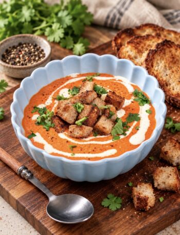 Creamy soup in a bowl with croutons, crusty bread, double cream and chopped coriander.