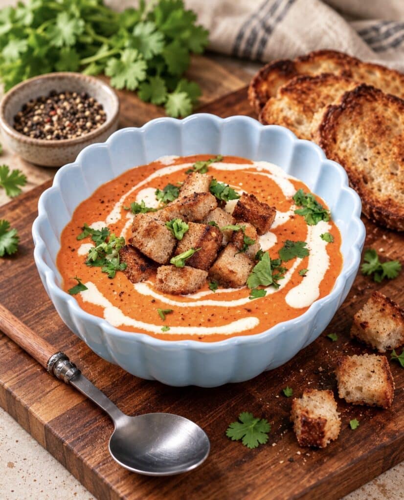 Creamy soup in a bowl with croutons, crusty bread, double cream and chopped coriander.