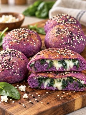 Purple sweet potato buns on a wooden board, one cut open.