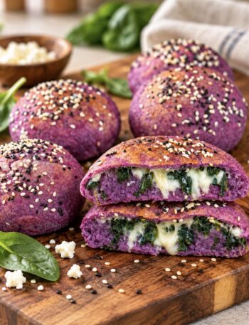 Purple sweet potato buns on a wooden board, one cut open.