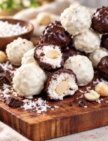 Coconut Cottage Cheese Bites on a wooden board, with a few cut in half to show the filling.