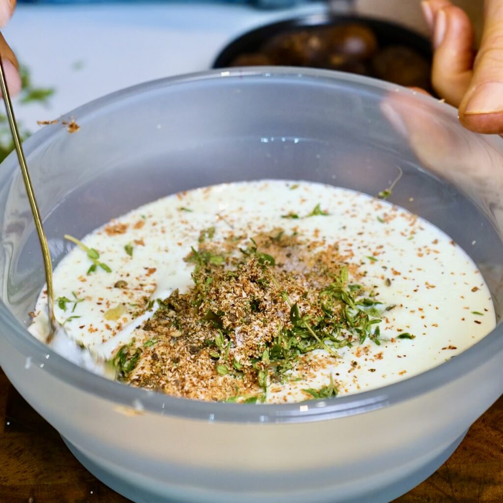 Mixing cooking cream with grated garlic, thyme, nutmeg and seasonings for vegetable gratin.