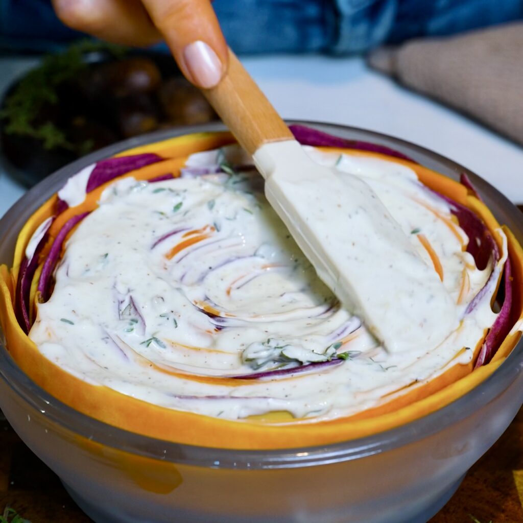 Spreading seasoned cooking cream evenly over the butternut squash and purple sweet potato gratin with a spatula.