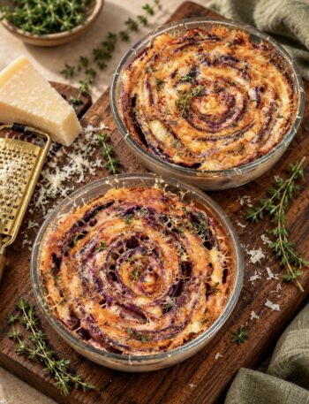 Two finished butternut squash and purple sweet potato gratins in baking dishes on a wooden board.