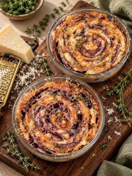 Two finished butternut squash and purple sweet potato gratins in baking dishes on a wooden board.