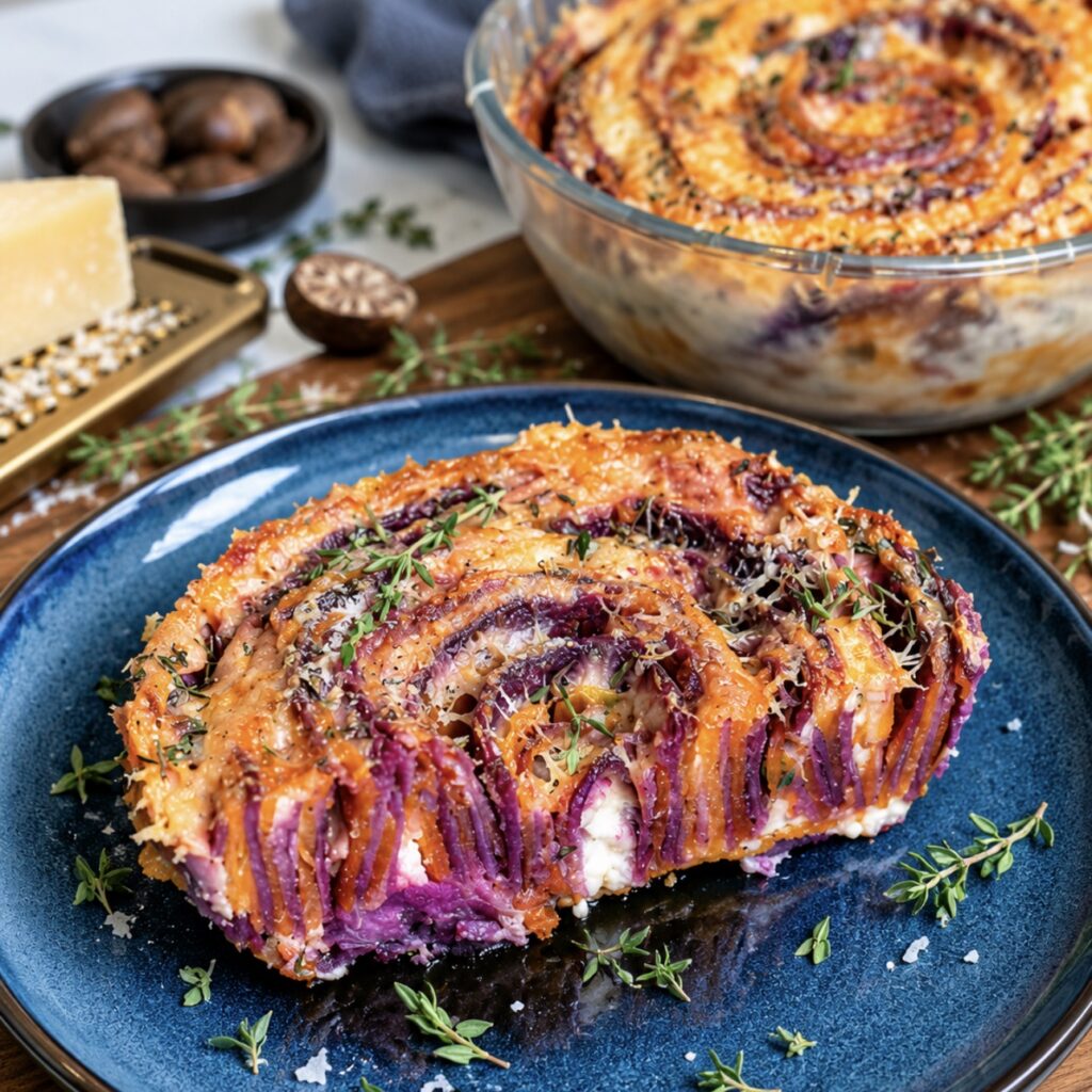 Butternut squash and purple sweet potato gratin cut in half to reveal its creamy, colourful layers.